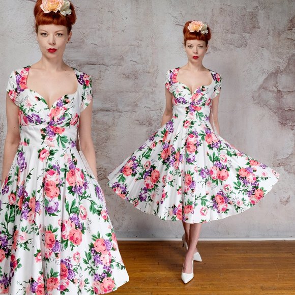 SOLD White and Pink Floral Rockabilly Dress - Picture 1 of 6
